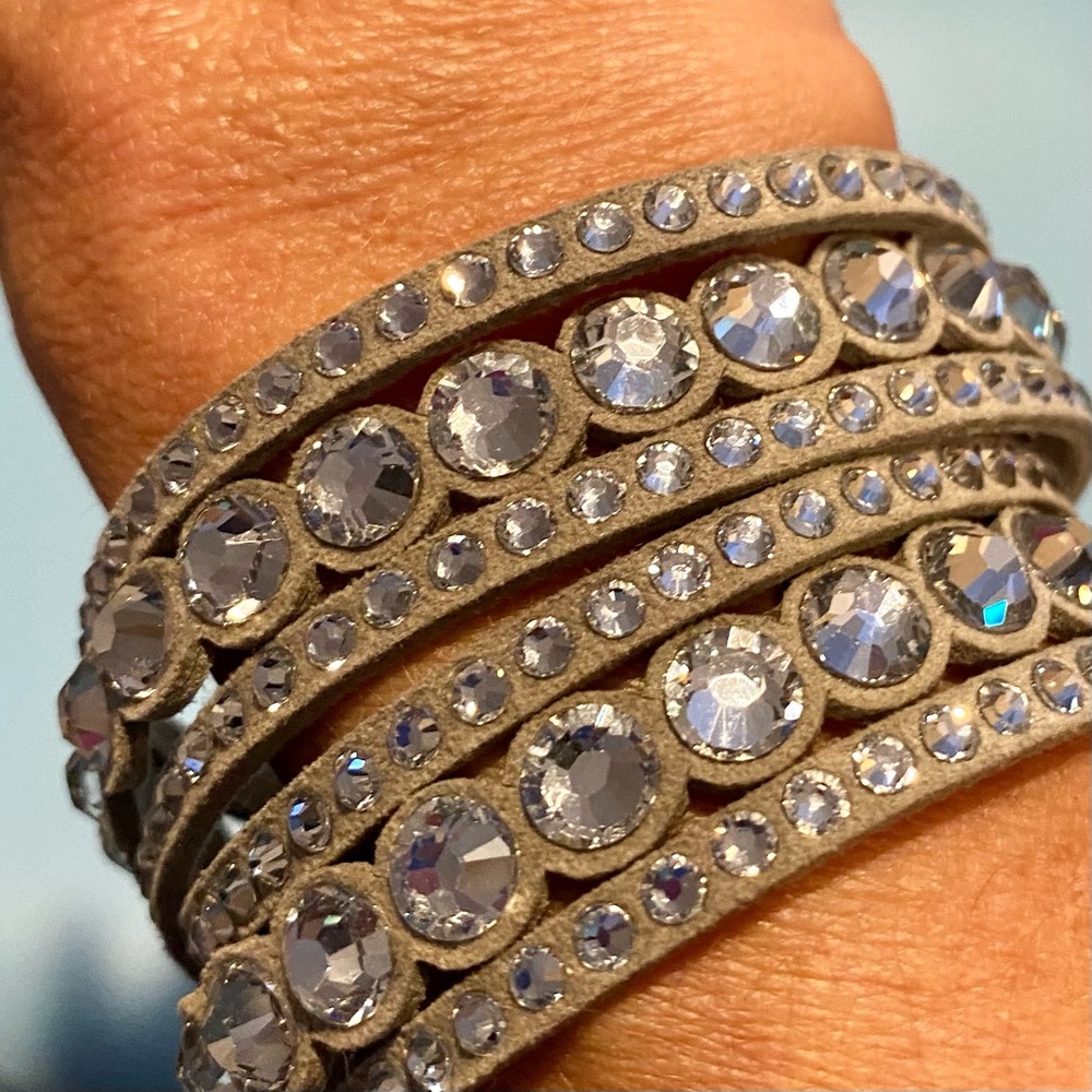 Gray leather rhinestone wraparound bracelet
